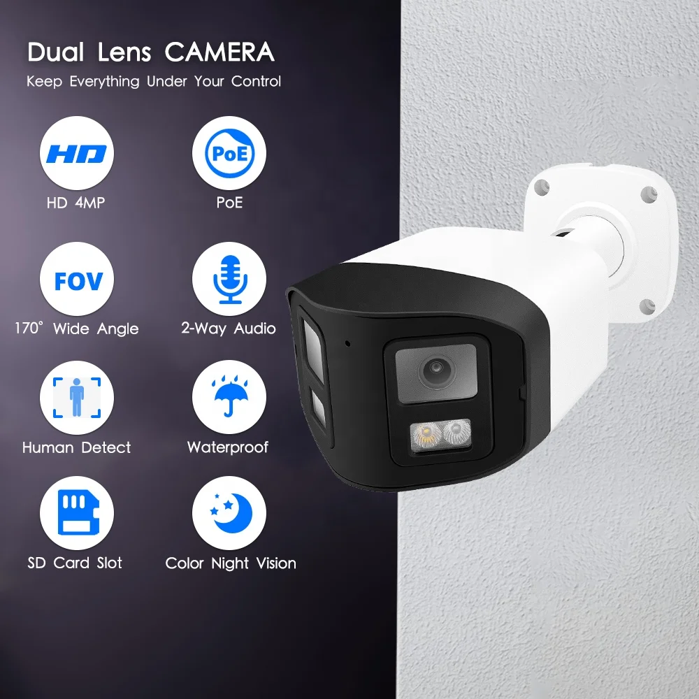 With two way audio and SD card slot Dual lens 180 degree view 24/7 colorful imaging 4MP ColorVu Panoramic POE IP Camera