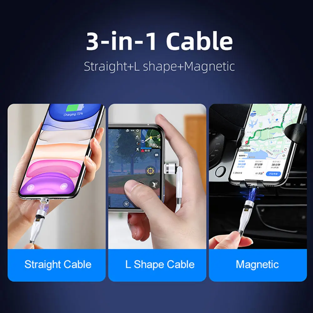 
Tongyinhai Manufacturer Fast Charger LED Side light for Micro for Type-c for iPhone 3 in 1 Magnetic Data USB Cable 