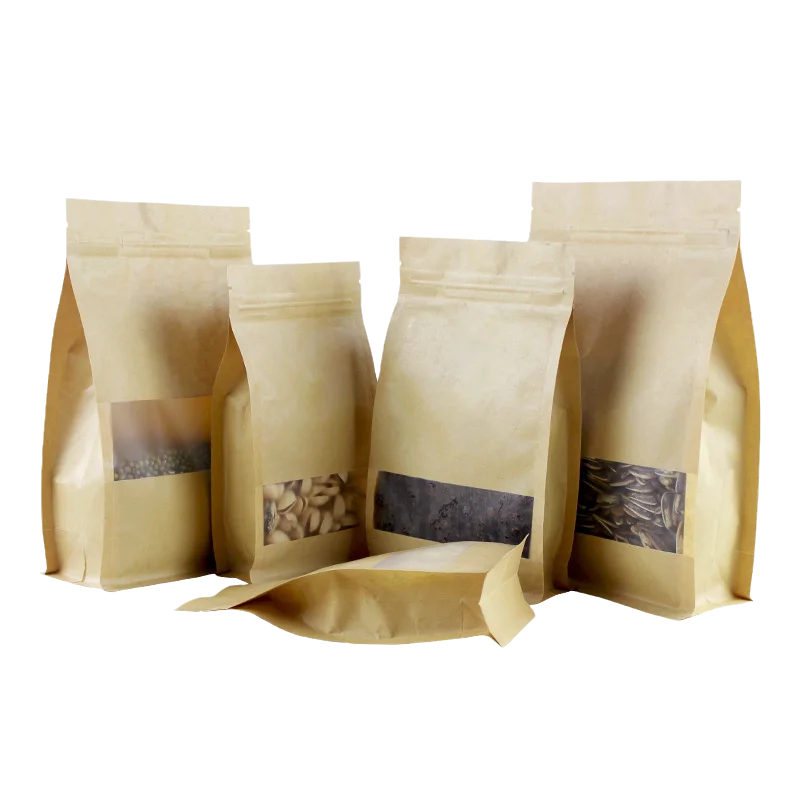 In Stock 10x20cm White Package Zip Zipper Foil Lined Brown Beans Packaging 8 Side Seal Flat Bottom Paper Kraft Bag With Window