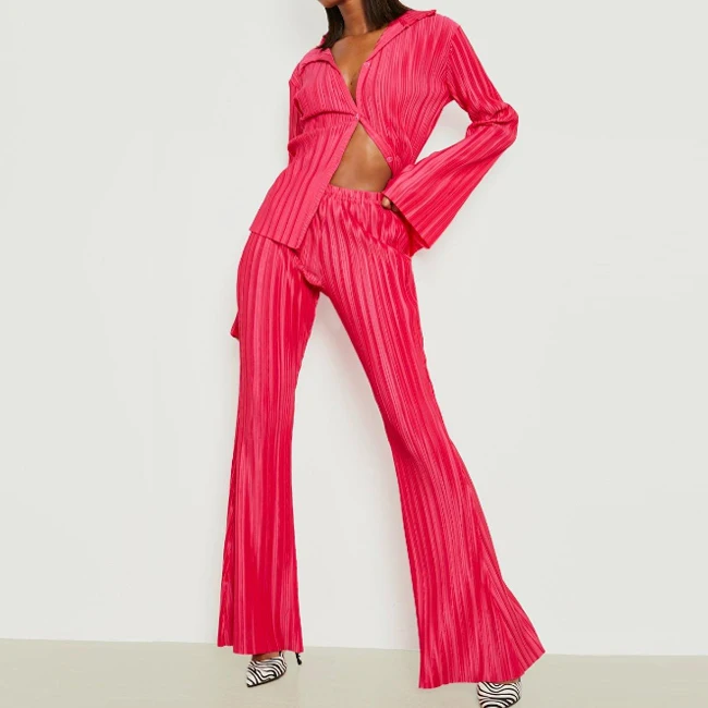 Spring Fall Stylish Plisse Outfits Women Drop Shoulder Shirt And Wide Leg Flared Pants Two Pieces Set