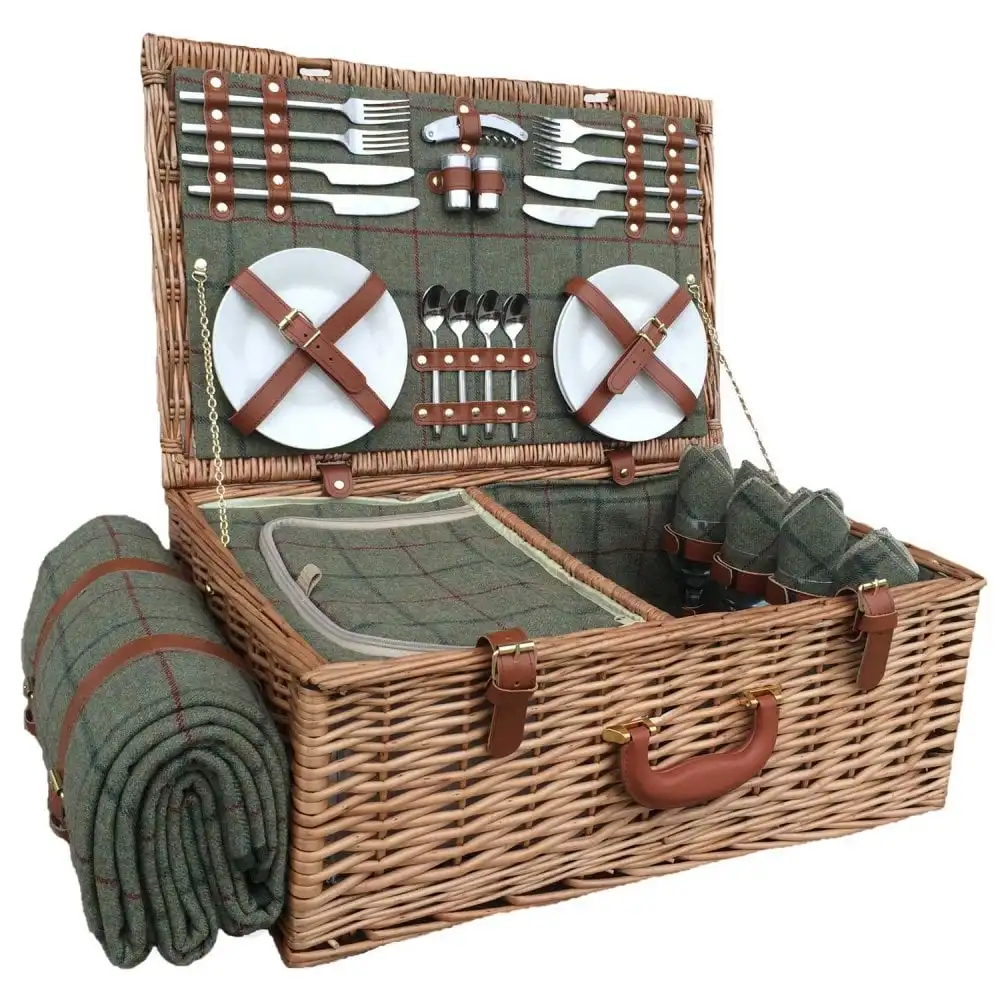 Factory Rattan Wicker Handwoven Insulated With Lid Handle Picnic Basket Box Portable Storage Basket