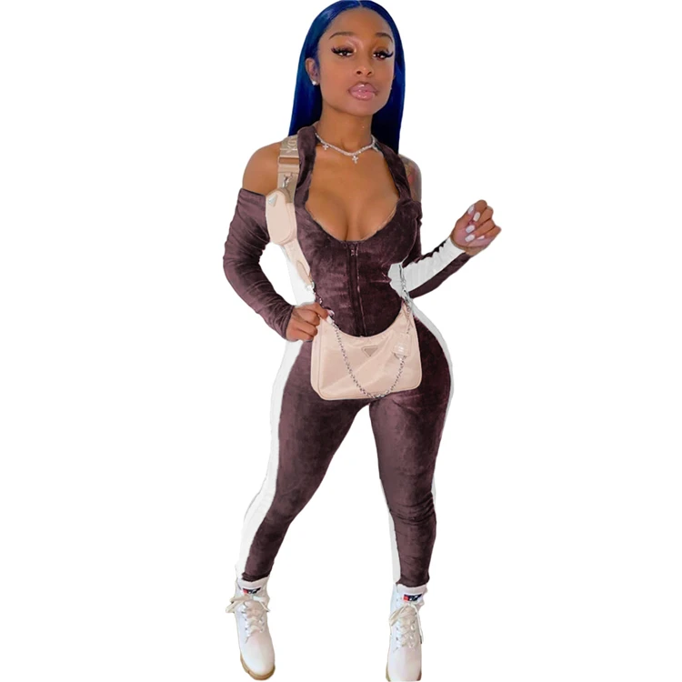 Winter clothes for women neck splice sexy bodycon backless one piece jumpsuits with zipper new arrivals 2021