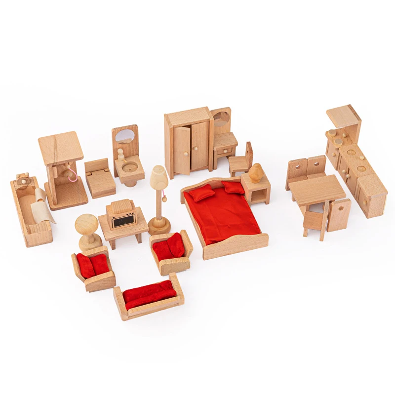 hot sale high quality 4 scene wooden doll house furniture accessories natural solid wood furniture toys