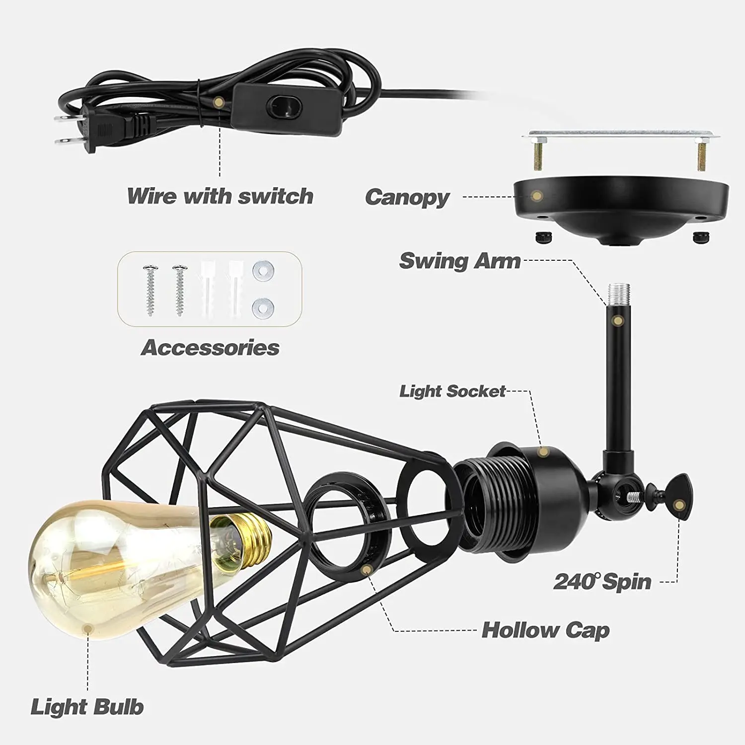 Промышленный настенный светильник в деревенском стиле приспособление для освещения переключатель ВКЛ./ВЫКЛ. винтажный металлический спальни с изголовьем кровати
