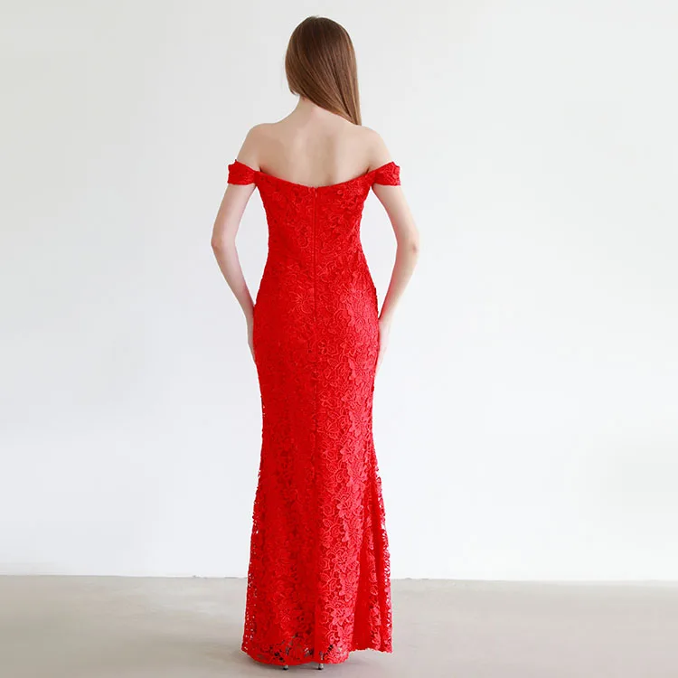OEM ODM strapless cutty sleeve 3d flowers appliques red women birthday party wear gown dress long evening dresses fish cut