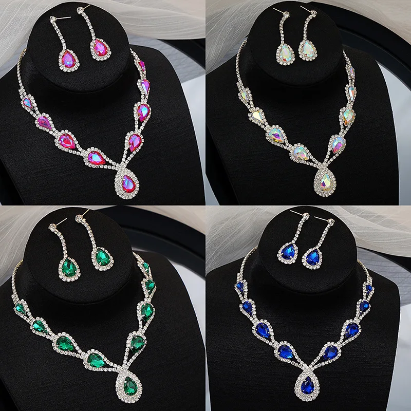 NUORO Hot Selling Colorful Zircon Necklace Exquisite Mix Colors Crystal Copper Clavicle Chain Earrings Necklace Jewelry Sets