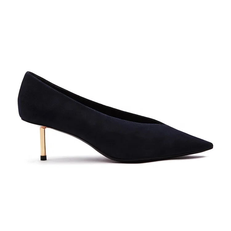 
Dark blue V shape shallow mouth suede leather ladies party pencil heel pointed toe shoes for women 