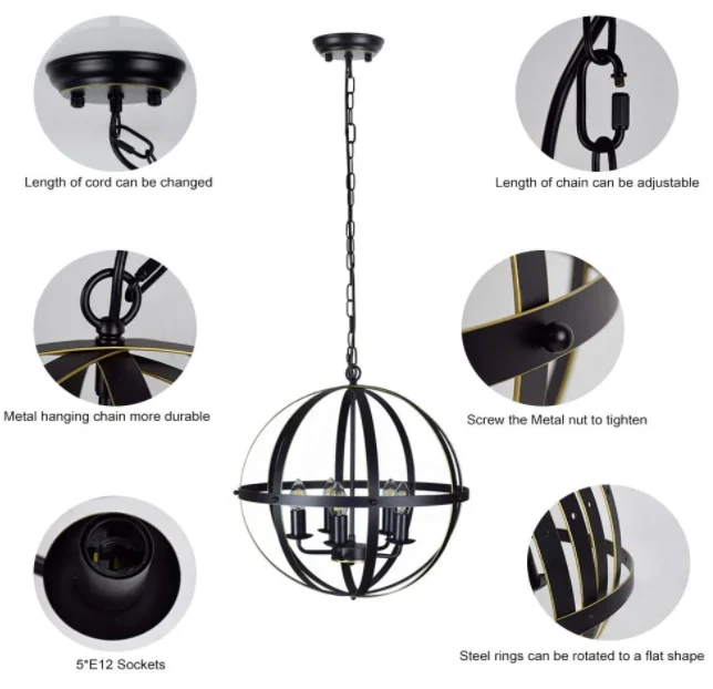 Industrial Pendant Lighting Fixture Flexible Chandelier Hanging Rustic 5 Light Flush Mount Ceiling Pendant Lamp