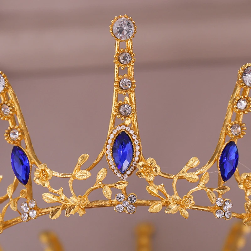 Golden Hollow Blue Crystal Round Diademas Vines Coronas Decorativas De Metal Rhinestone Luxury Bride Hair Accessories Wedding