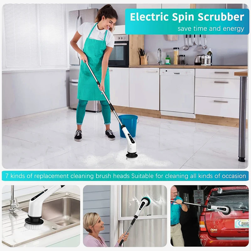 Electric Spin Scrubber Bathroom Tile Floor Bathtub Cleaning Brush With 7 Replacement Brush Heads and Extension Handle