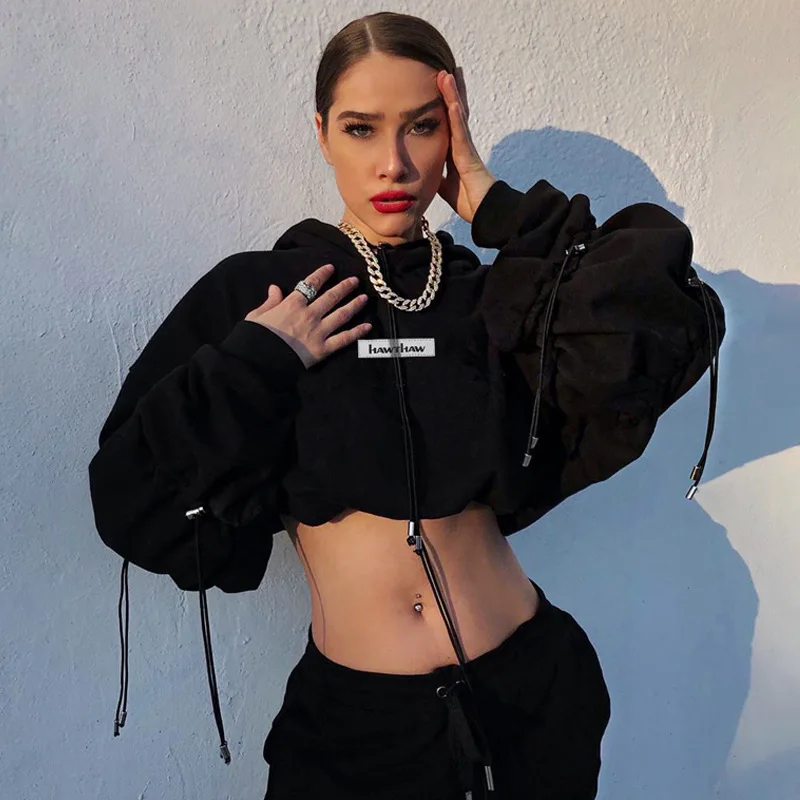 Custom Logo Lady Loose Letter Embroidery Streetwear Women Oversized Crop Top Hoodies Sweatshirts