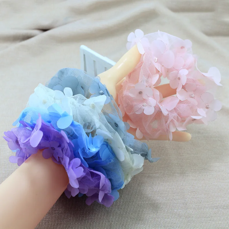 wholesale fashion butterfly elastic hair tie custom organza lace fabric hair scrunchies