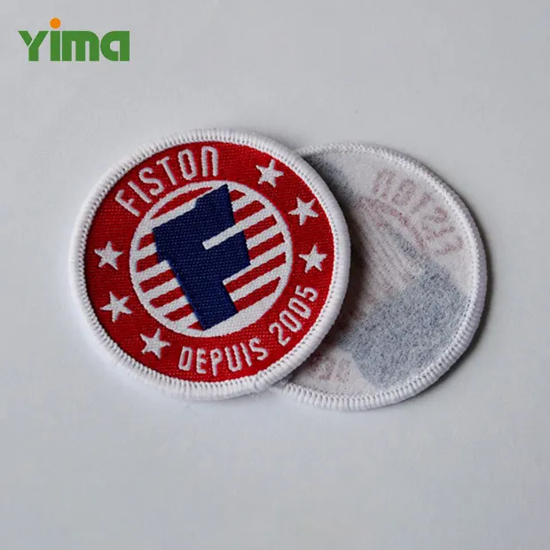 Customized various shapes and sizes eco-friendly material sewable self-adhesive iron on woven patch for summer short-sleeve
