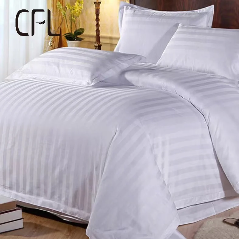 Wholesale 4 Pcs Hotel Linen Brand Logo 4In 1 Hilton Hotel 100 Cotton White Strips Bedsheets Bedding Set