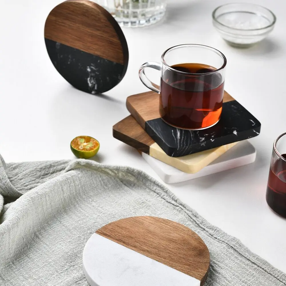 Marble Wood Splicing Coasters Thermal Insulation Coasters Custom Logo Bar Dining Tea Coffee Cup Mat Coasters