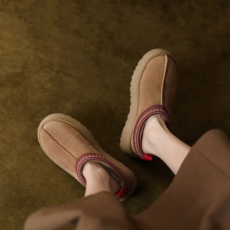 Cow leather tasman platform warm fur ladies fashion fur fluffy Slippers for women