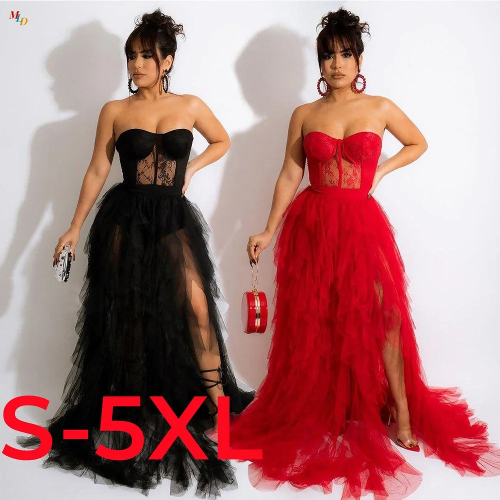 hot sale off-shoulder famale designer lace ruffled evening night girl red ball gown gauzy black princess prom dress for women