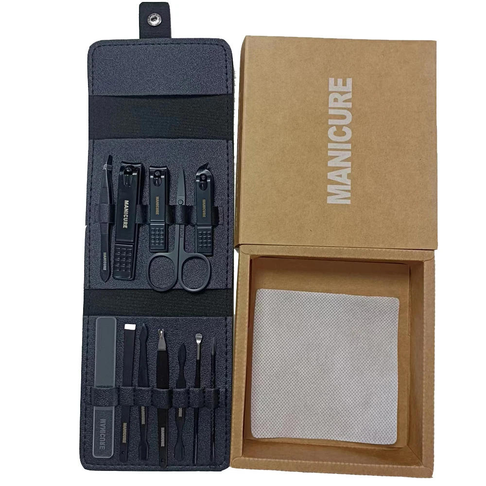 Black 12pcs Custom Logo Manicure Set Nail Clippers Pedicure Kit Tools With PU Leather Case for Man Women