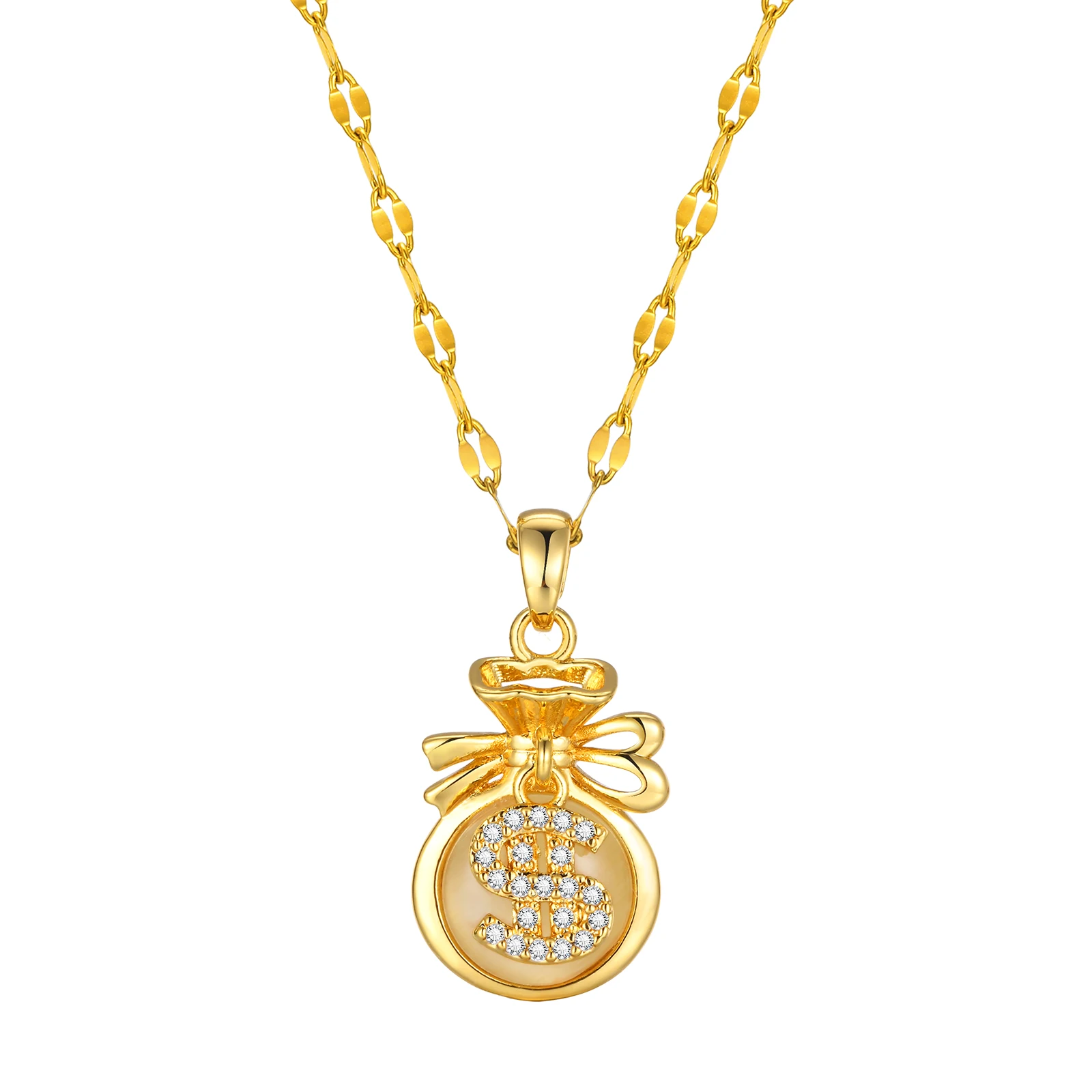 VNOX Lip Chain Dollar Sign Money Bag Pendant Necklace 2024 Fashion Jewelry Gold Stainless Steel Zircon Copper Trendy Women's