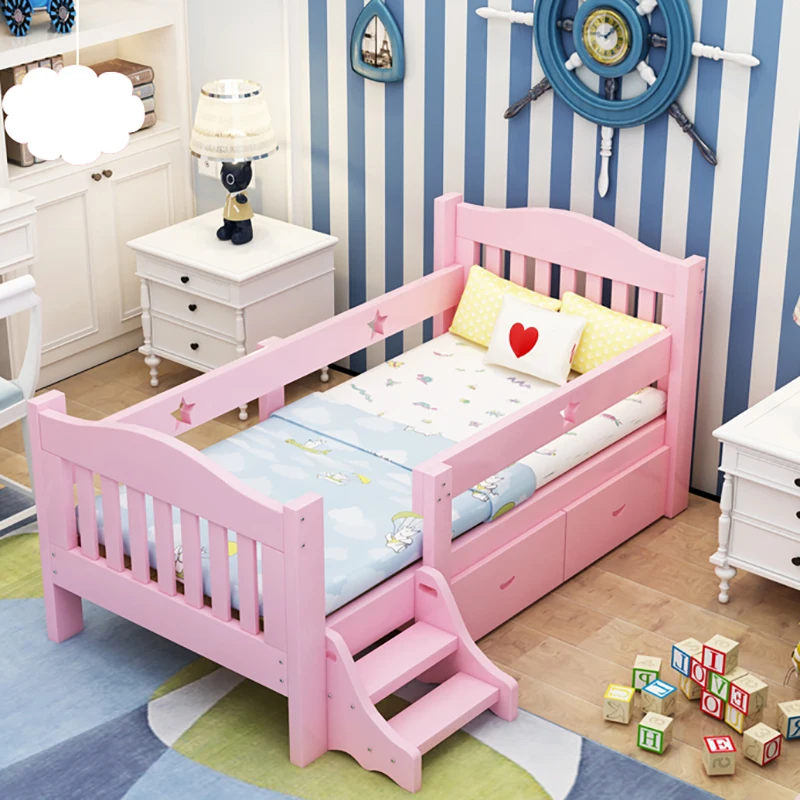 Safe Wooden Children Bed No Paint Kids Baby Bed Anti-fall Fence Guardrail Child Beds