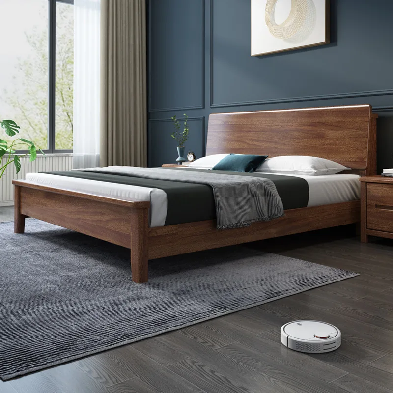 Oem High Quality Custom 1.5M Double Bed Nordic Upholstered Walnut Apartment Wood Beds