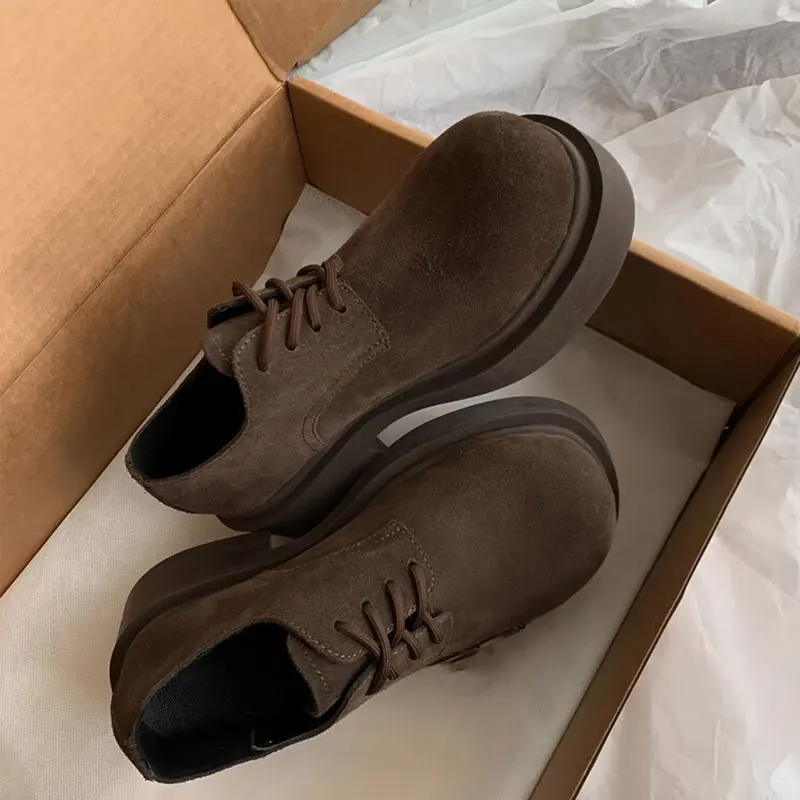 Xinzirain Custom Female Chunky Loafer Round Toe Cowhide Suede Lace Up Thick Sole Women High Heel Derby Dress Shoes