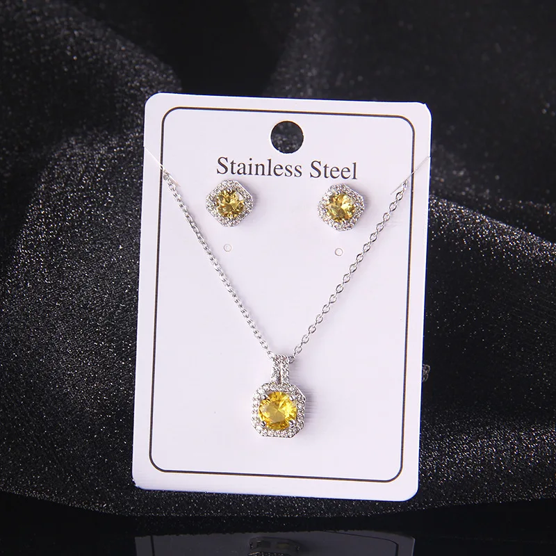 Elegant Wedding Bridal Jewelry Full Diamond 2 Pcs/Set Square Shape Shiny Crystal Pendant Necklace Earrings Jewelry Set
