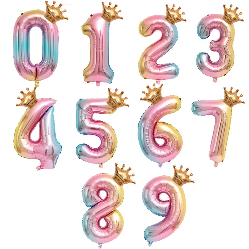 Gradient Color 32 Inch Aluminium Foil Number Balloons With Crown Foil Balloon For Birthday Party Festival Anniversary Decoration