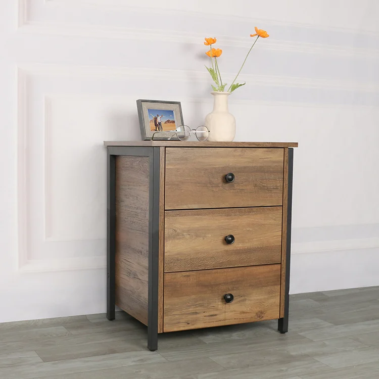 Mid-Century Industrial Design Durable Ready to Assemble Wooden Side End Table 3 Drawers Wheel Legs Nightstand Bedside Table