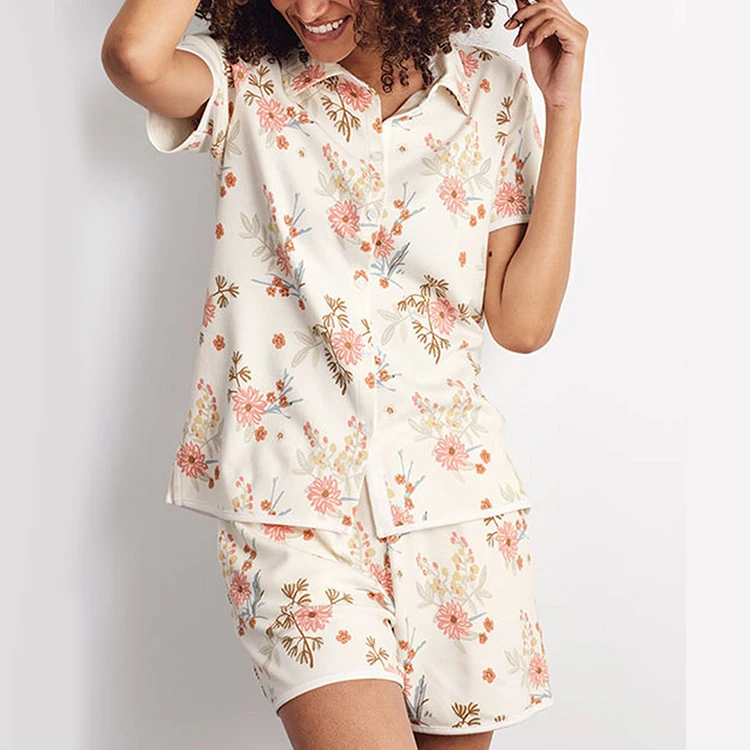 2024 Custom Girls Soft Button Down Pyjamas Sleepwear Womens 2 Pieces 100% Pima Cotton Knitted Short Sleeve Pajama Sets Women