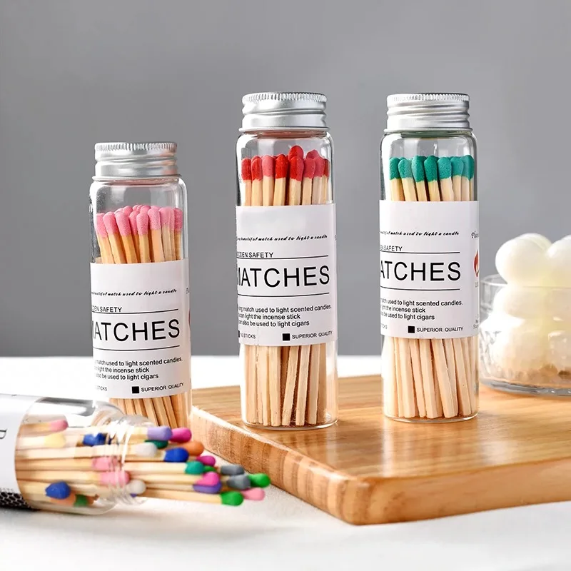 Glass Matches Jar Strong Wooden Matchstick Colorful match tips in Bottle custom safety jar matches