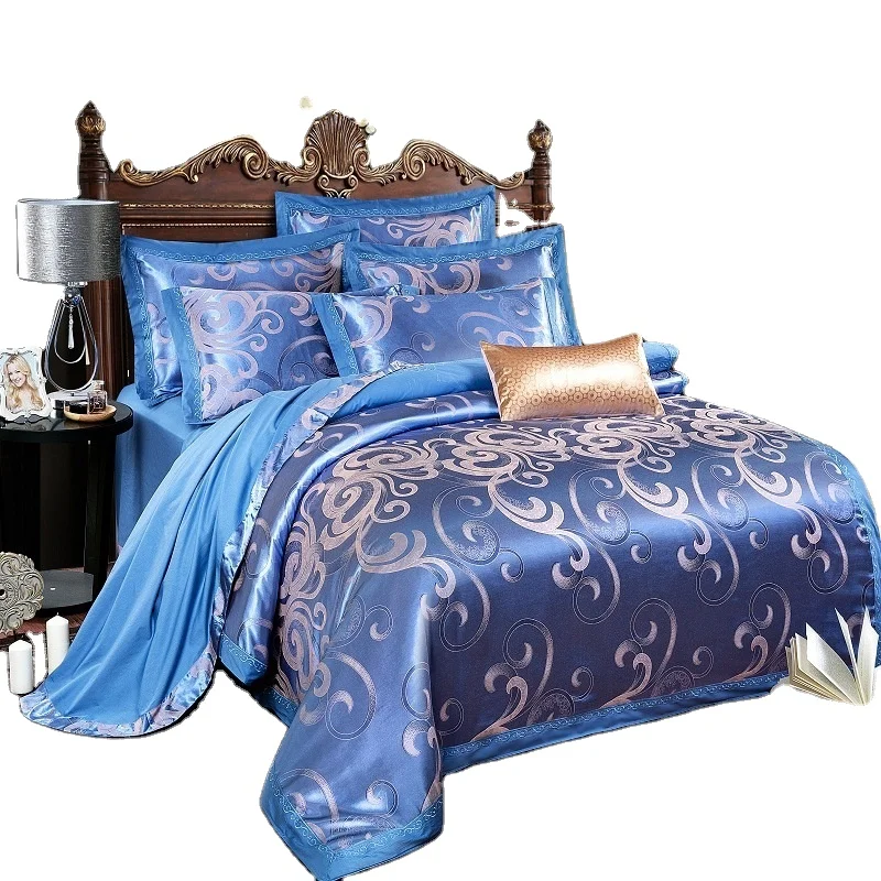 Customised European  Polyester Satin Jacquard Silk Bedding Set Duvet Cover Printed Bed Sheet Set