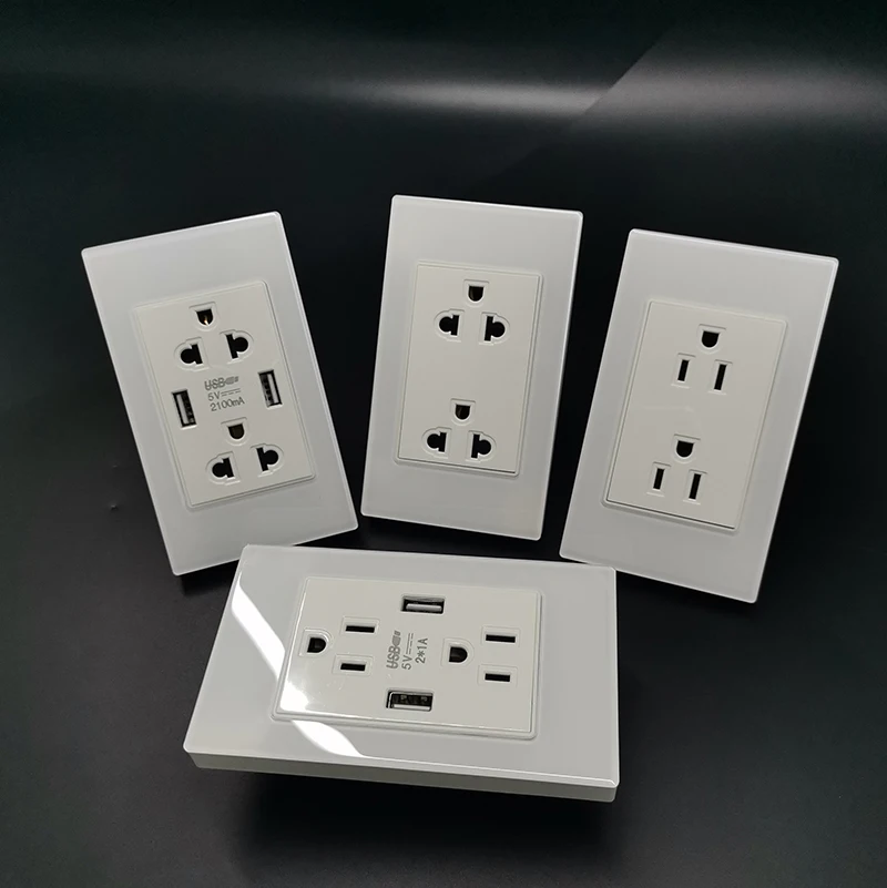 Professional switch factory crystal glass panel US dual 3-wall sockets with dual USB sockets