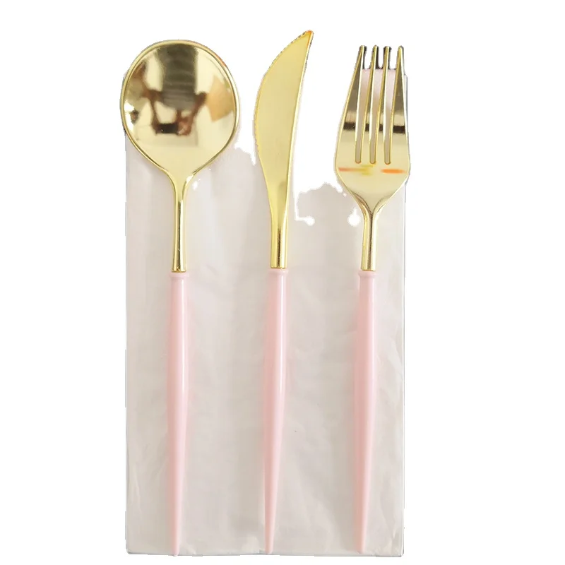 Plastic Disposable Dinnerware Set Cutlery Set Black Silver Gold Rose Gold Pink  Knife/Fork/Spoon/Napkin 20cm
