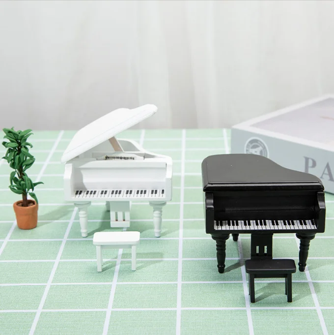 Doll Piano with Chair 1:12 Scale Miniature Musical Instrument, Wooden Grand Piano for Dollhouse Accessories