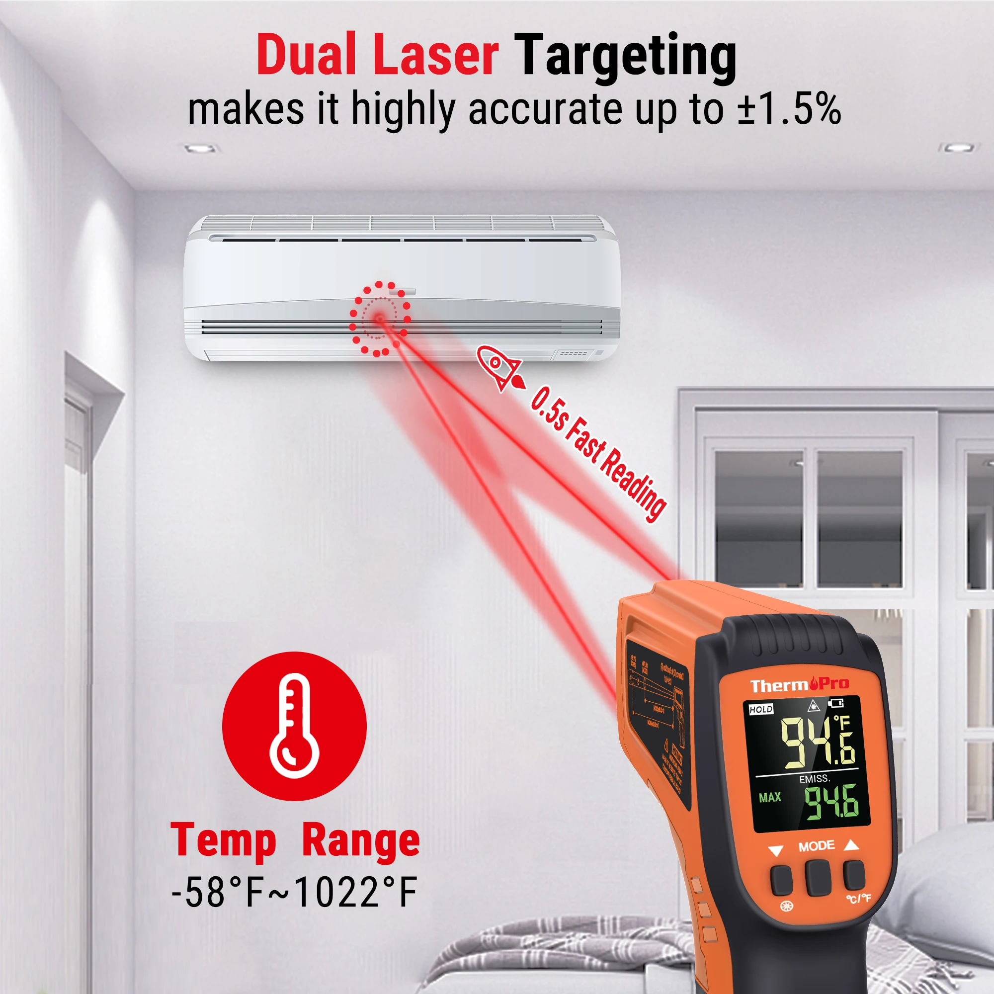 ThermoPro TP450 Laser Thermometer Gun with Adjustable Emissivity Temp Gun (Not for Human)