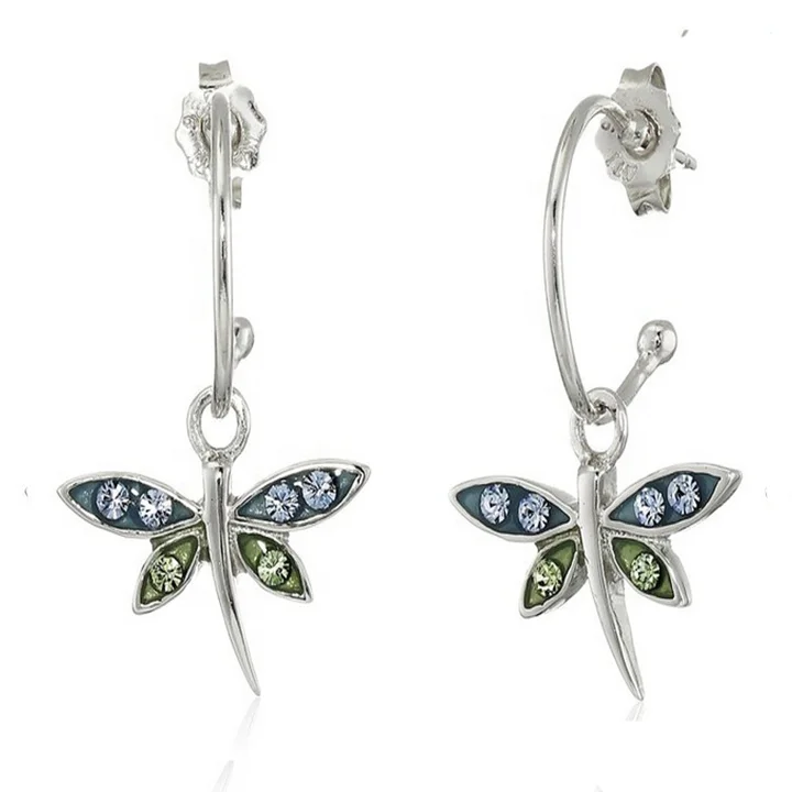 Custom Fashion Funny 925 Sterling Silver Blue and Green Crystal Dragonfly Jewelry Stud Earrings for Women