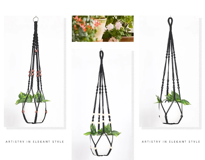 Hot Sale  Macrame  Plant Hanger  Holders  Black  Hanging  Planters  Basket with  Wood  Beads for  Boho  Home  Decor Tassels