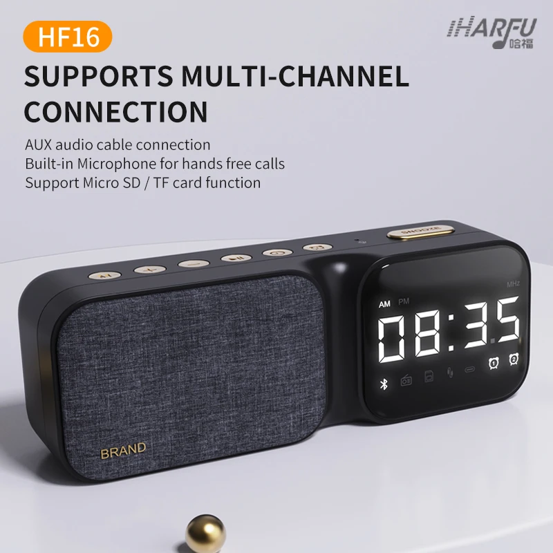 Digital Alarm Clock Radio with Wireless BT Speaker USB Charging Port AUX TF Card Play FM Radio Dual Alarm Temperature LED