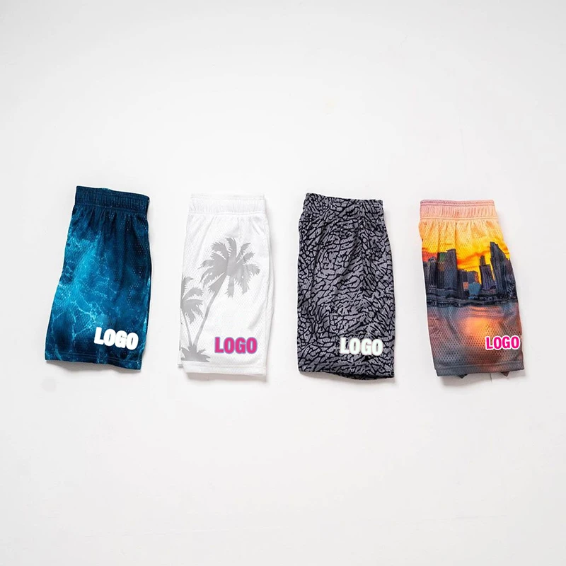 OEM Custom Logo For Men All Over Print Sublimation Polyester Jogger Casual Double Layer Mesh Shorts