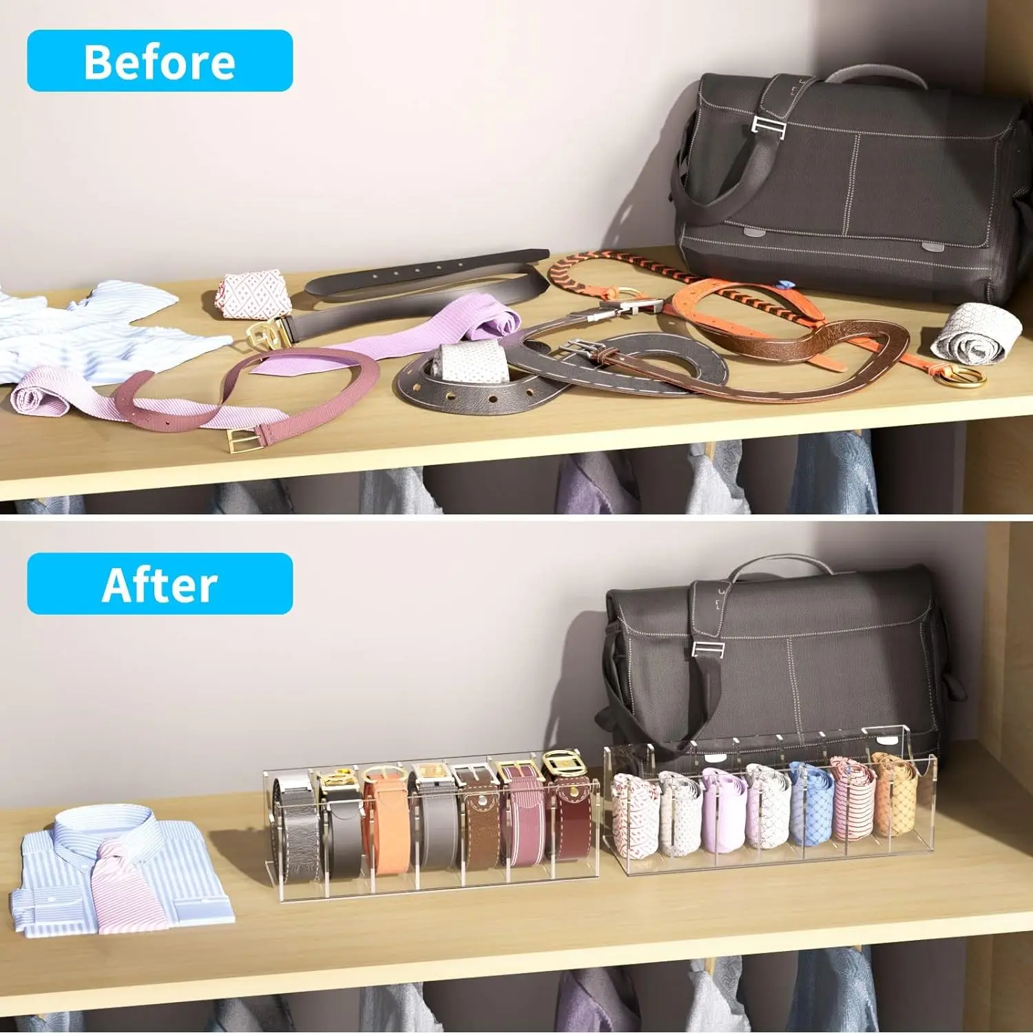 Acrylic Belt Organizer 7 Compartment Closet Storage Holder for Tie Bow Tie Multifunctional Display Case for Bathroom Office