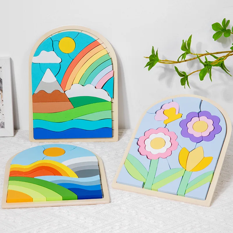 CPC Newest Wooden Flower Rainbow 3D Jigsaw Puzzle Block Baby Early Educational Cartoon Matching Hands-on Skill Wooden Puzzle Toy
