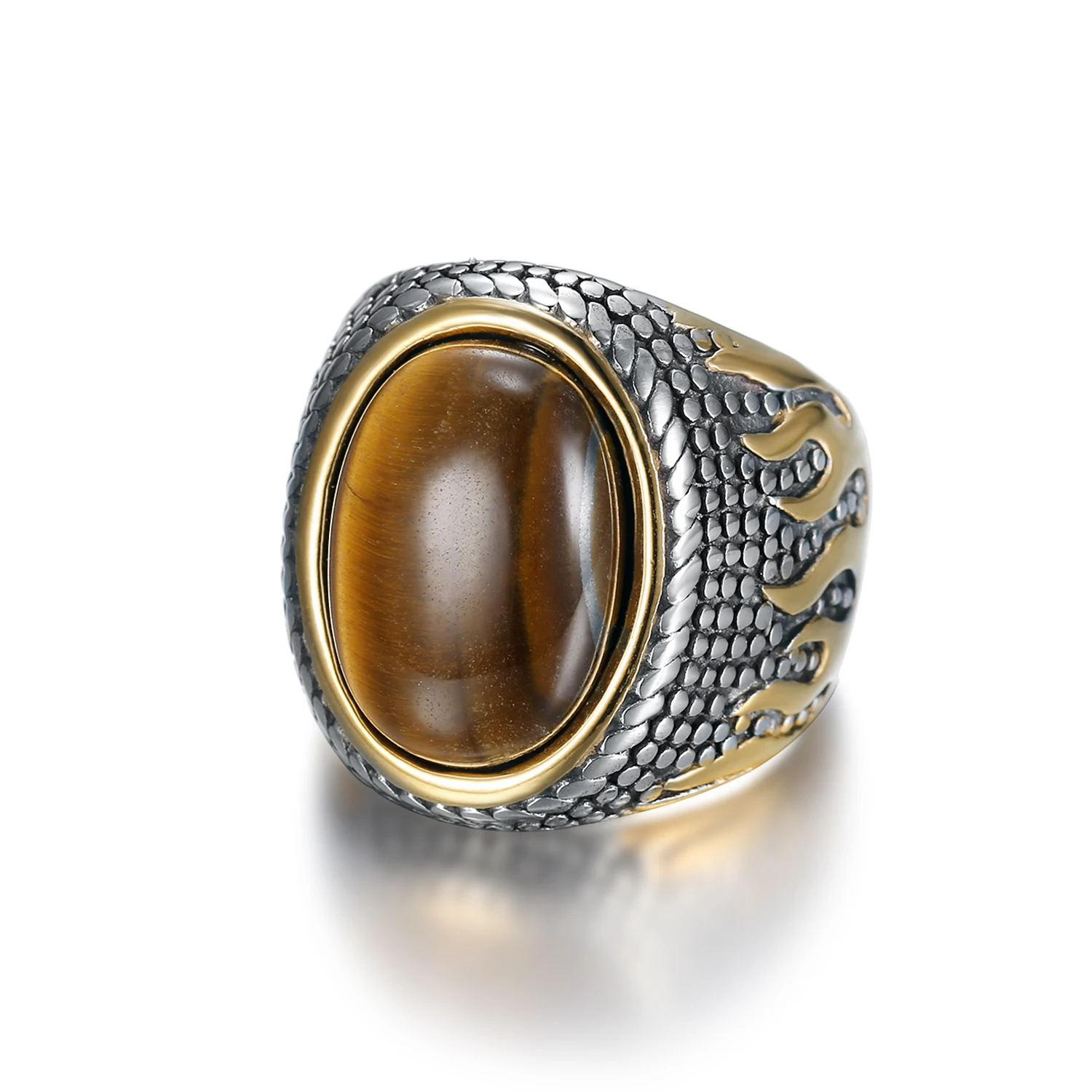 Cool mens jewelry 316 stainless steel fashion big natural tiger eyes stone ring man rings with stones