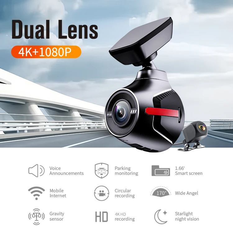 2024 Latest Version Car DVR Driving recorder 4K+1080P 24h parking monitoring 170 degree wide angle WDR nigh vision Dual Lens