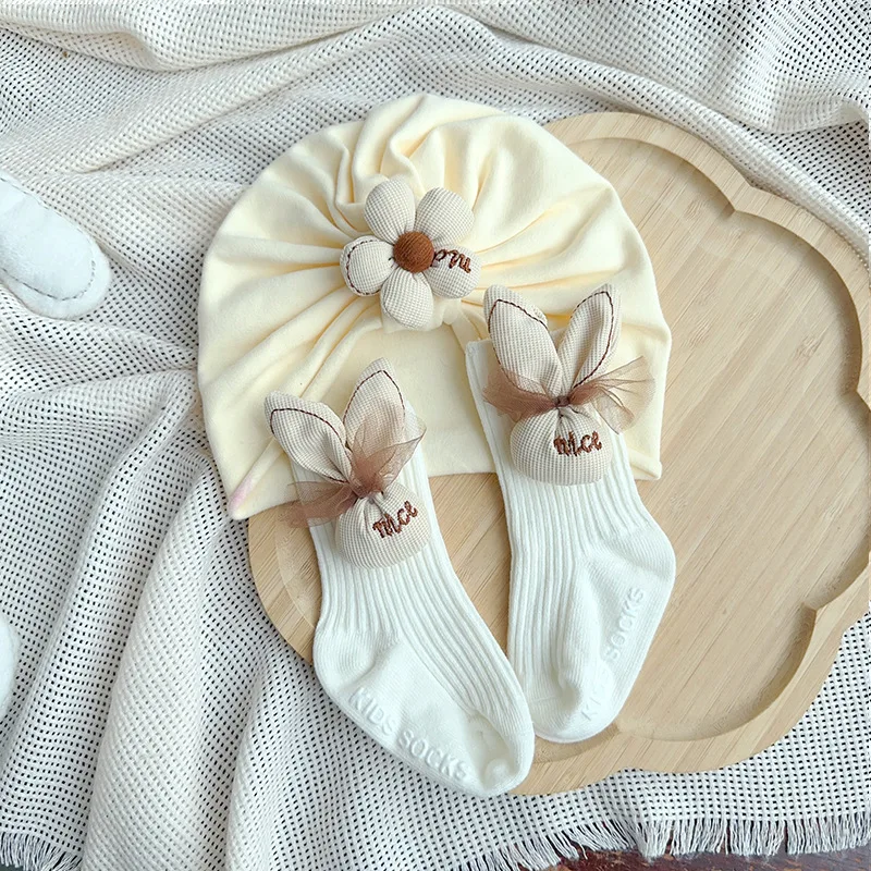 Rabbit lace fetal cap set newborn baby hat newborn winter baby sock cap set