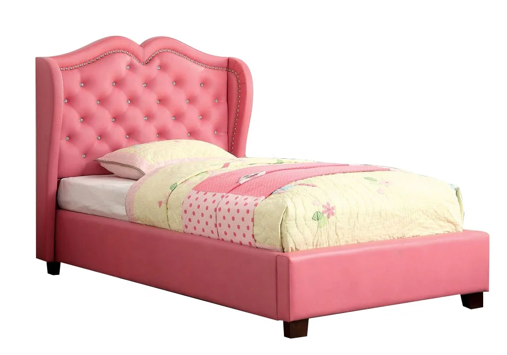 2021 latest design luxury dreamy high quality bed frame with crystal button on curved headboard for girl bedroom