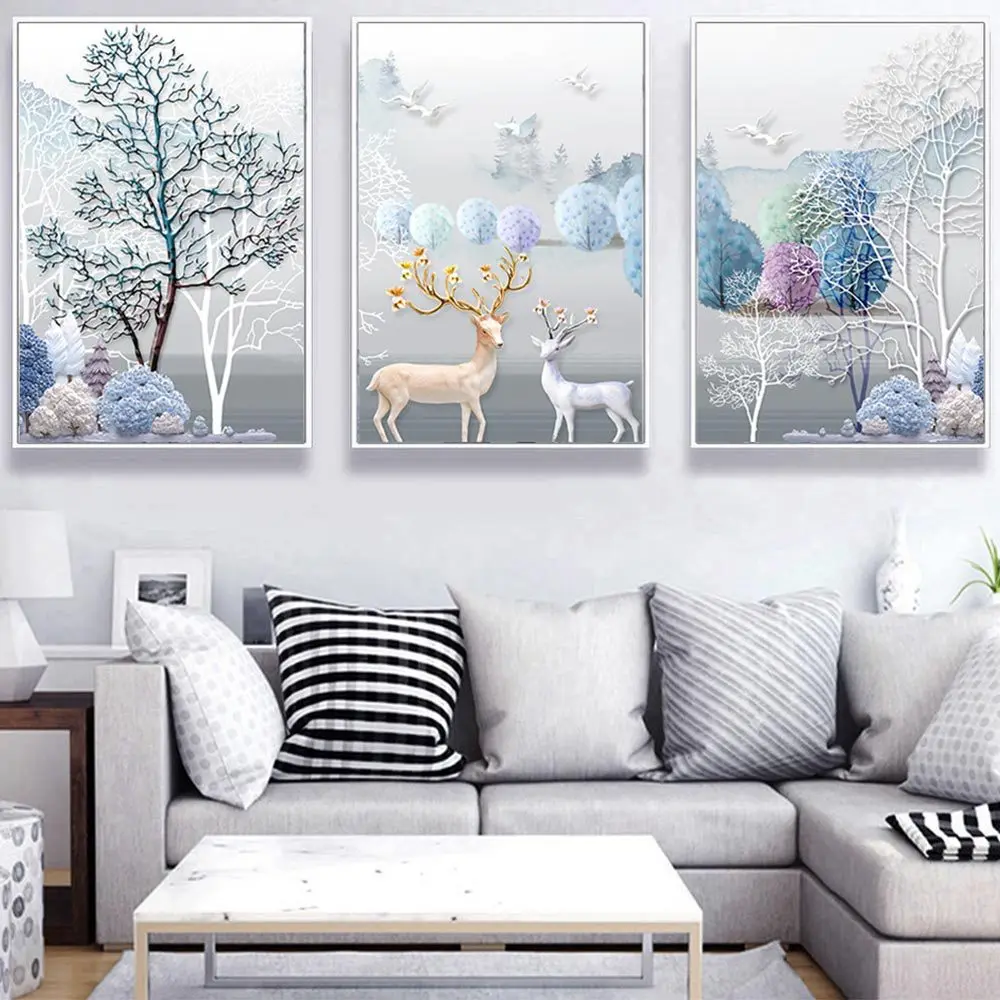 Modern Relief 3D Abstract Fortune Tree Deer Decorative Wall Art Canvas Printed Painting For Living Room