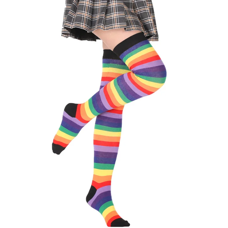 Wholesale Women Socks Rainbow Halloween Colorful Fluorescent Seamless Striped Thigh High Socks