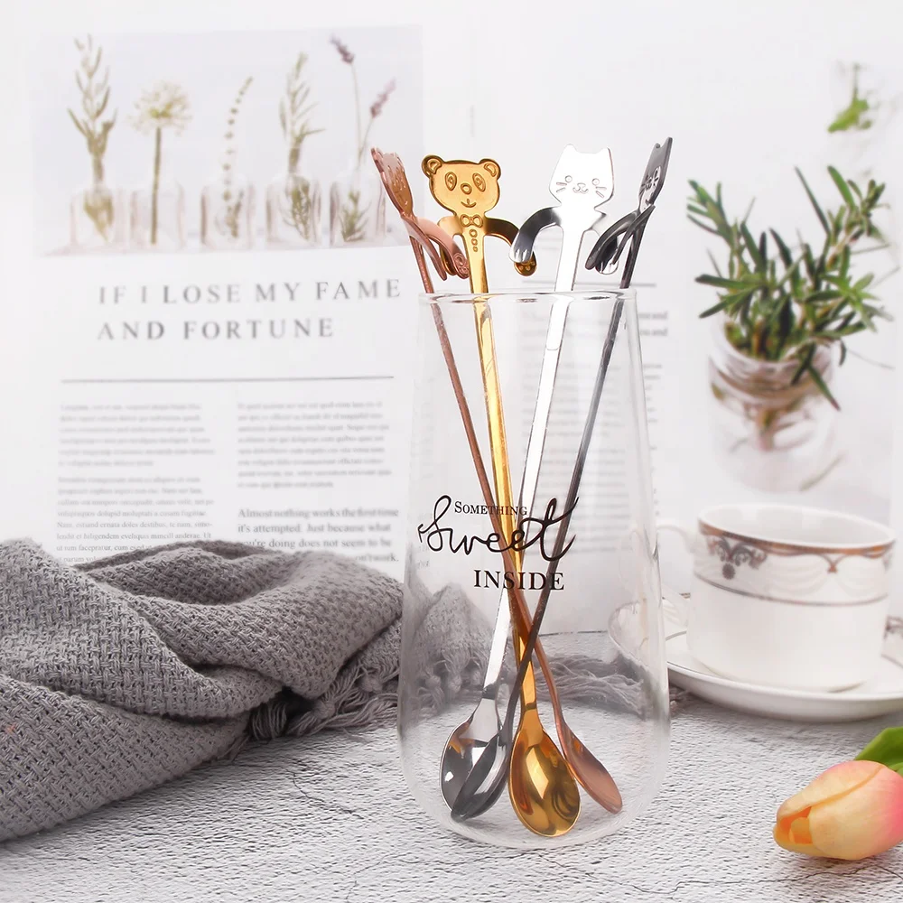 Cat Design Edible Cartoon Silver Black Table Long Handle Brass Korean Stainless Steel 304 Gold Coffee Milk Tea Spoons Ice Spoon