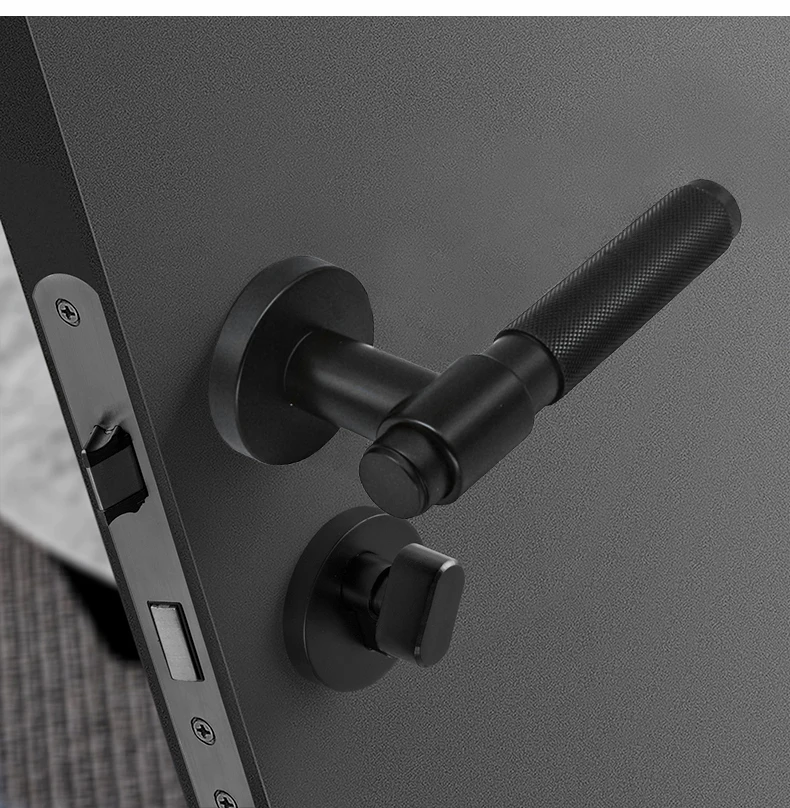 Zinc Alloy Knurled Door Handle Set Mortise Lock Handle Modern Black Round Lever Interior Door Handle for Wooden Doors